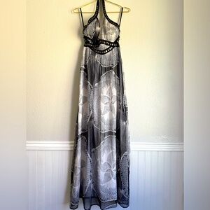 BEBE Womens Halter Silk Maxi Dress Black Witchy Whimsigoth Dark Fairy Sz: XS